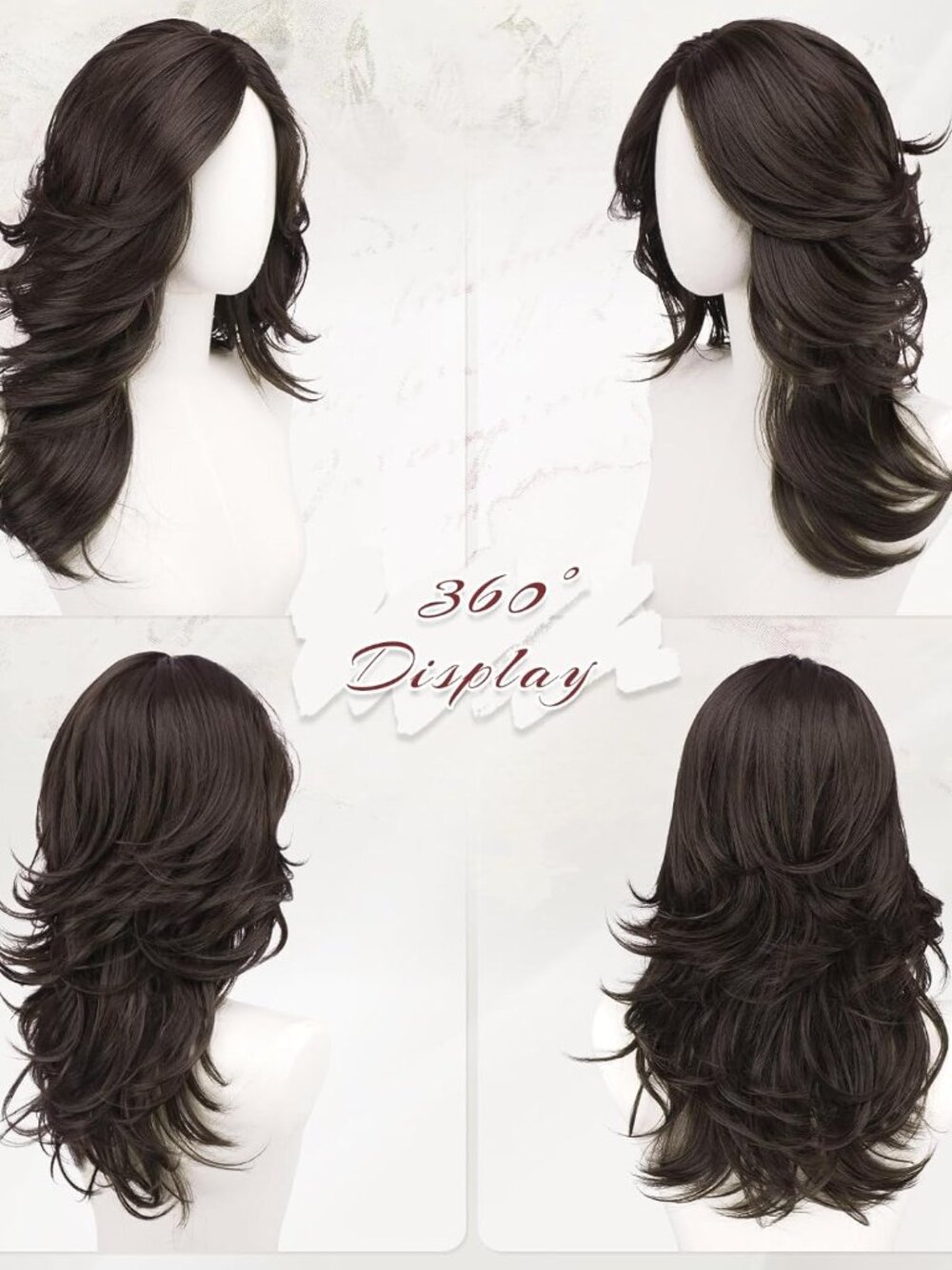 Dark Brown Light Blonde Wavy Layered Wig with Curtain Bangs - Picture 3 of 6